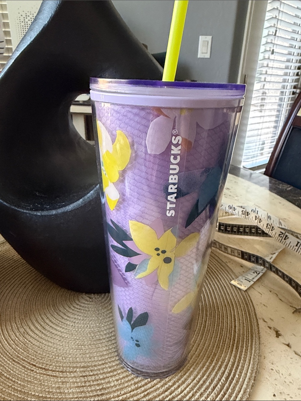 Starbucks Purple Floral Reusable Tumbler with Yellow Accents